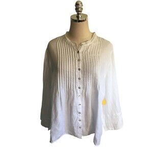 Russ Berens Top Women's Size XL White Linen Button Up Long Sleeve